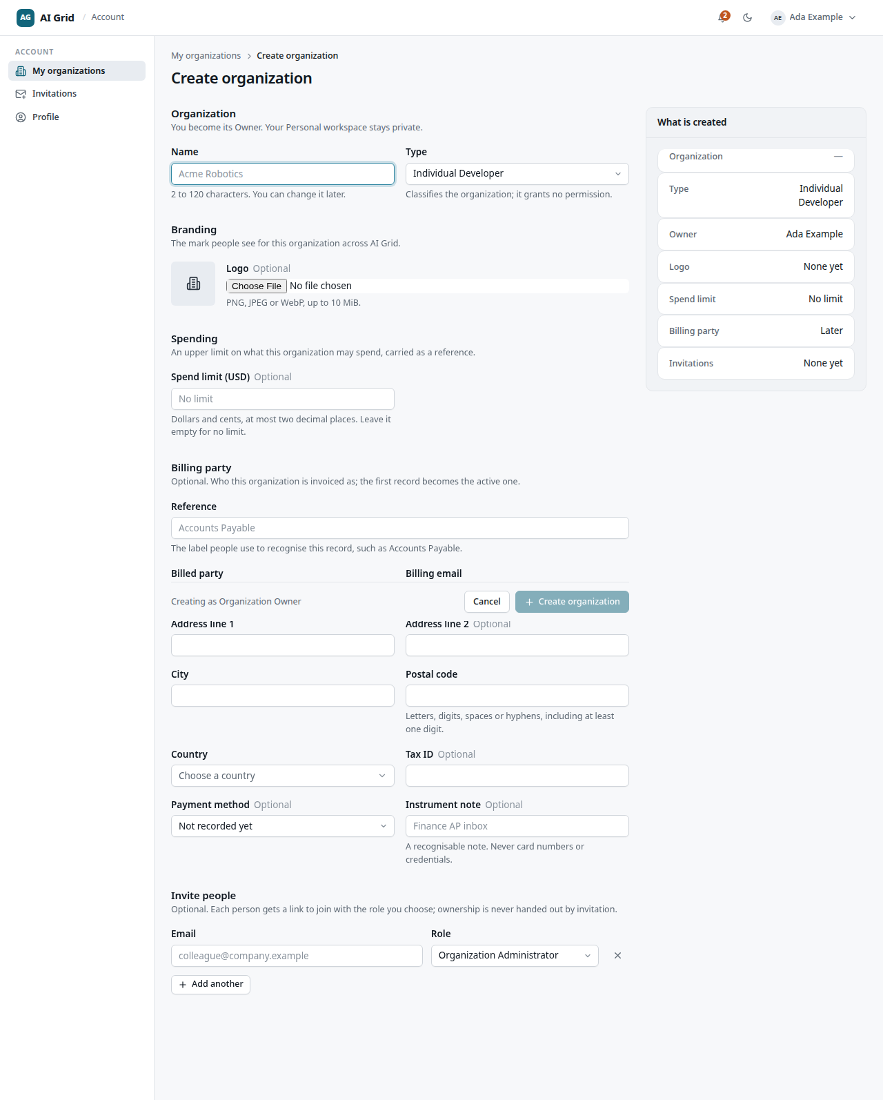 Create organization form with Organization, Branding, Spending, Billing party and Invite people sections