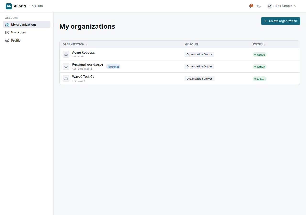 My organizations table with Open and Make default row actions