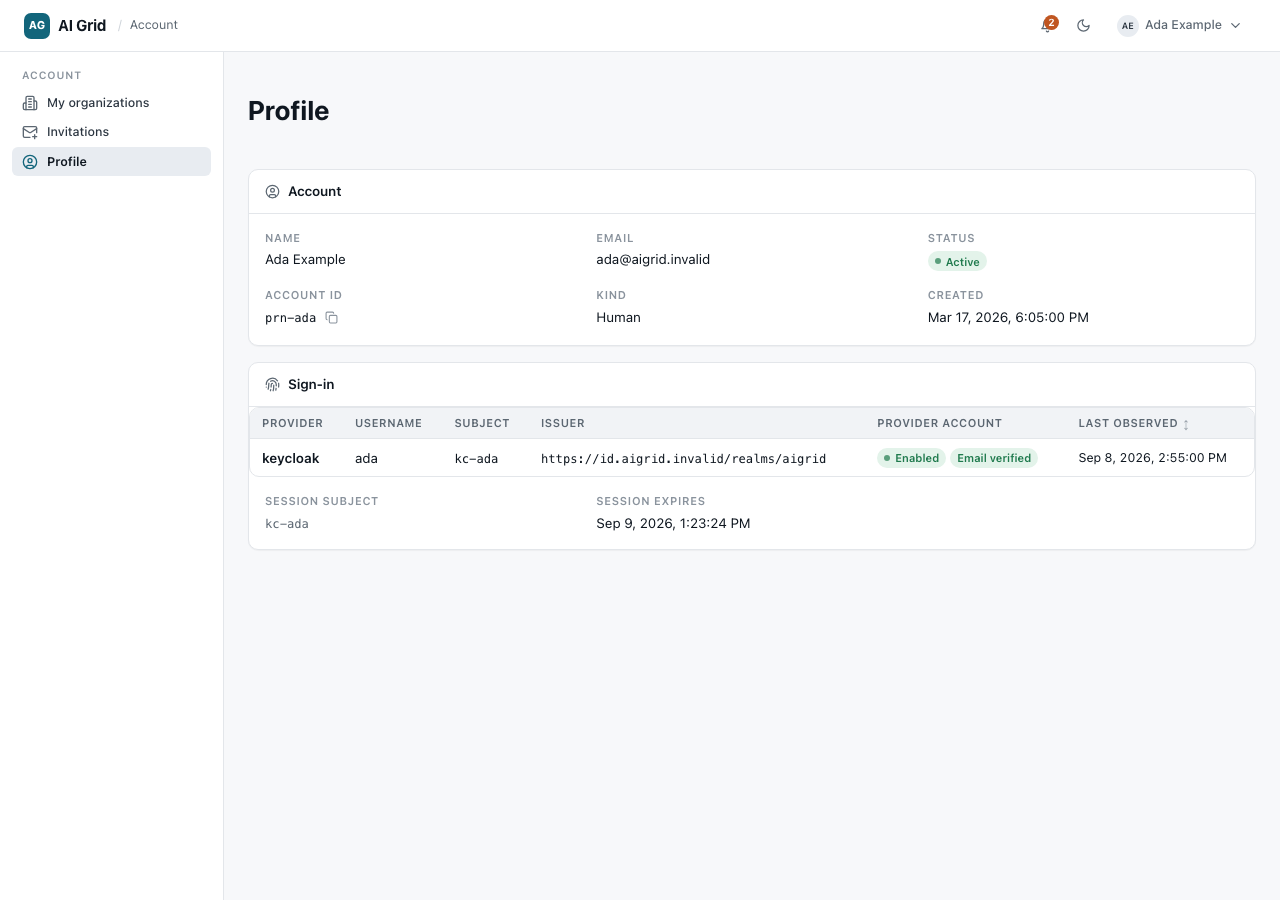 Profile page with read-only Account and Sign-in cards