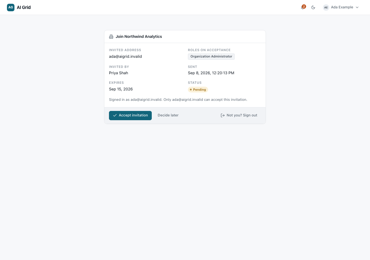 Accept invitation page with Accept invitation, Decide later and Not you? Sign out