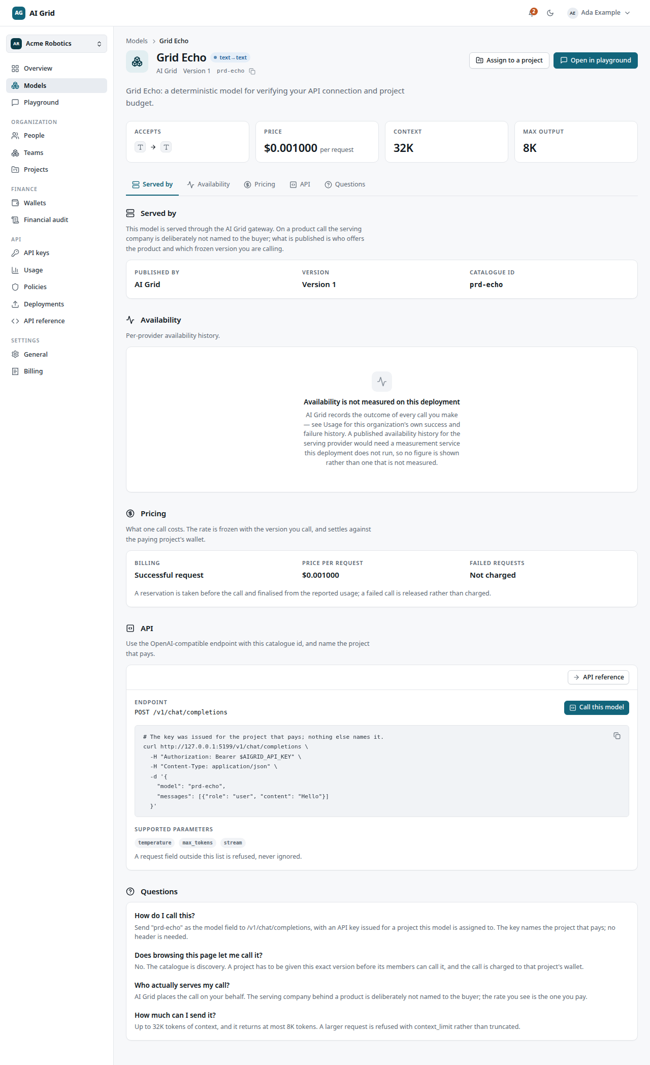 Model detail page with Assign to a project and Open in playground in the header