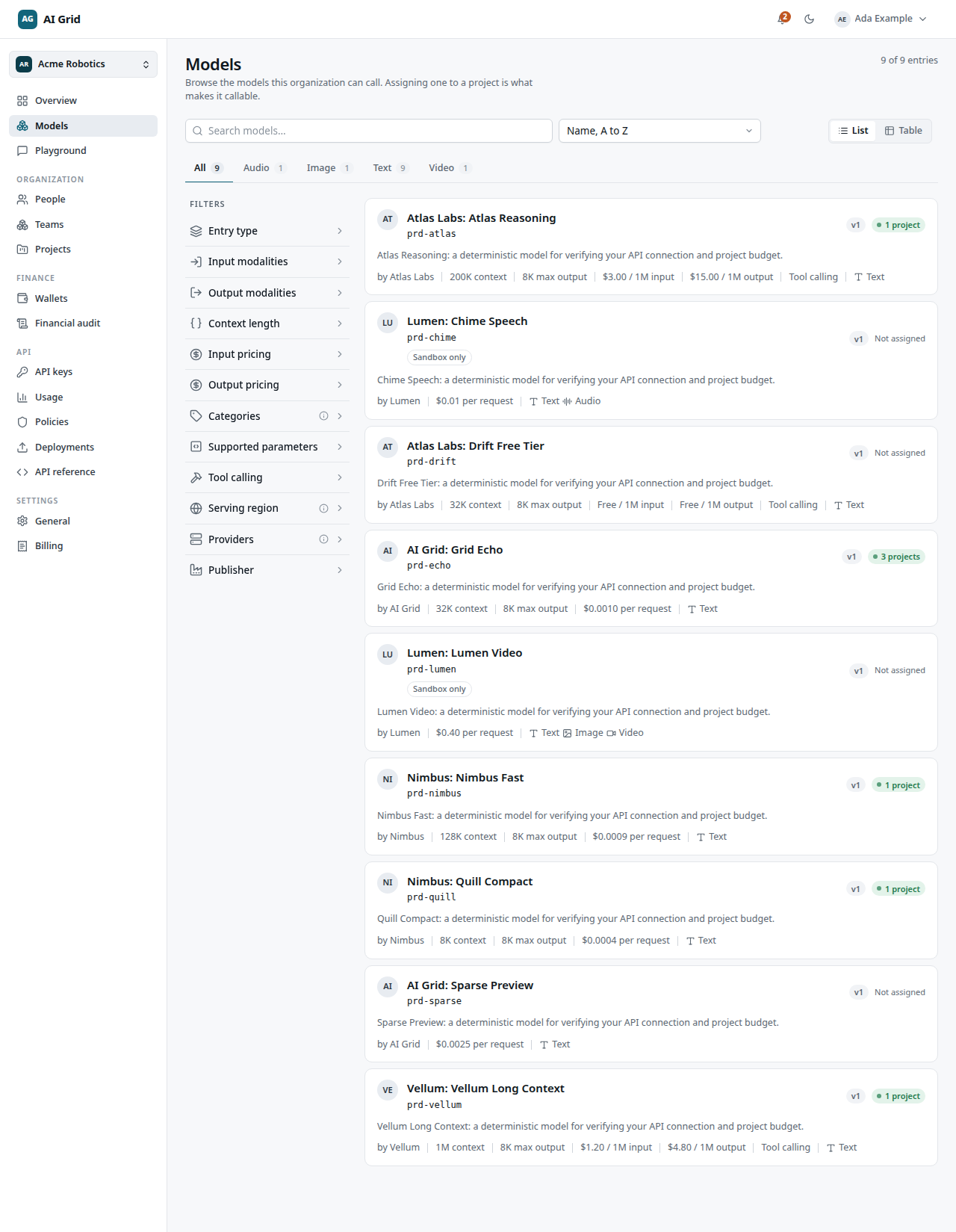 Models catalogue in cards view with search, filters and project badges