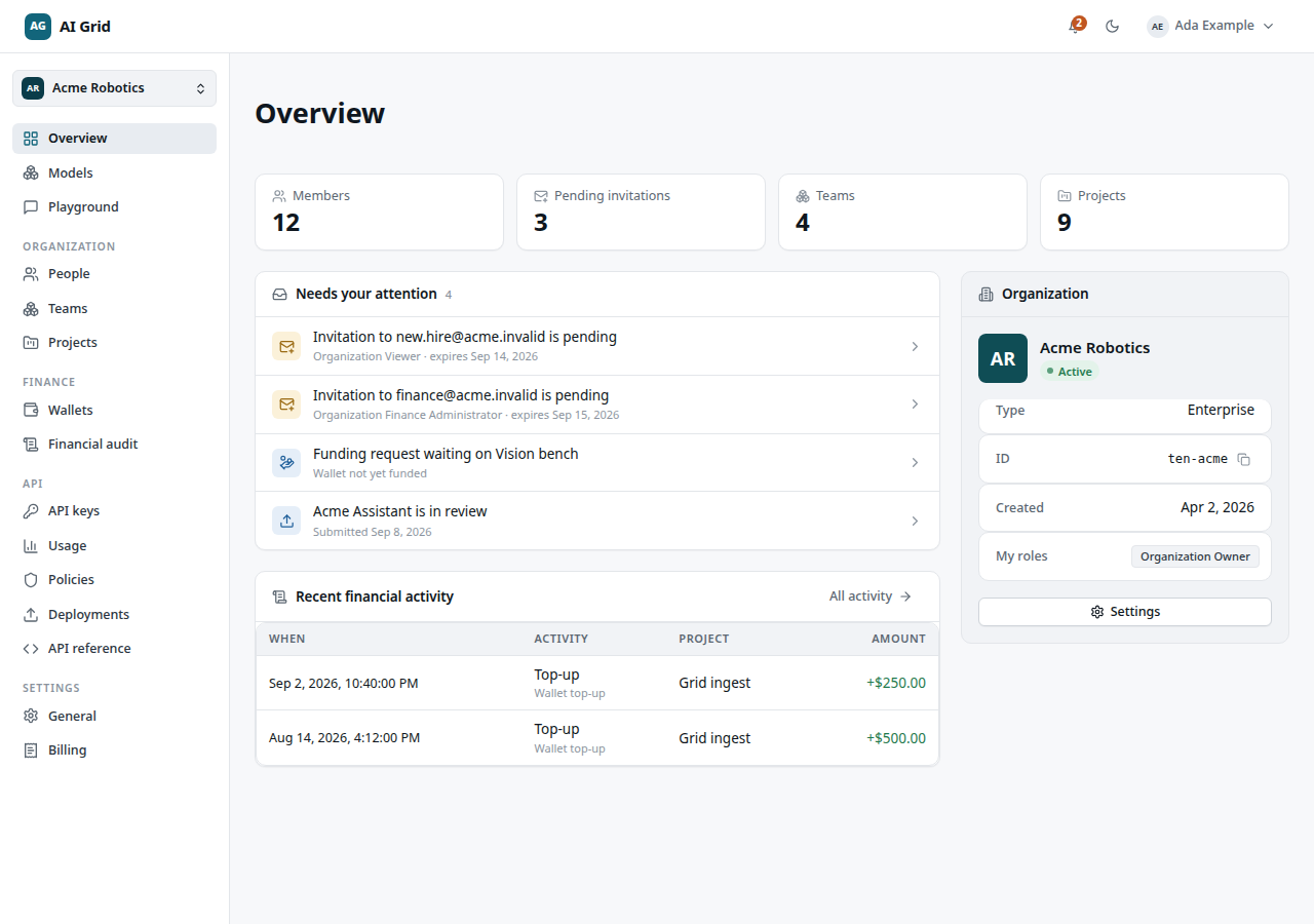 Organization Overview with stat strip and Needs your attention card