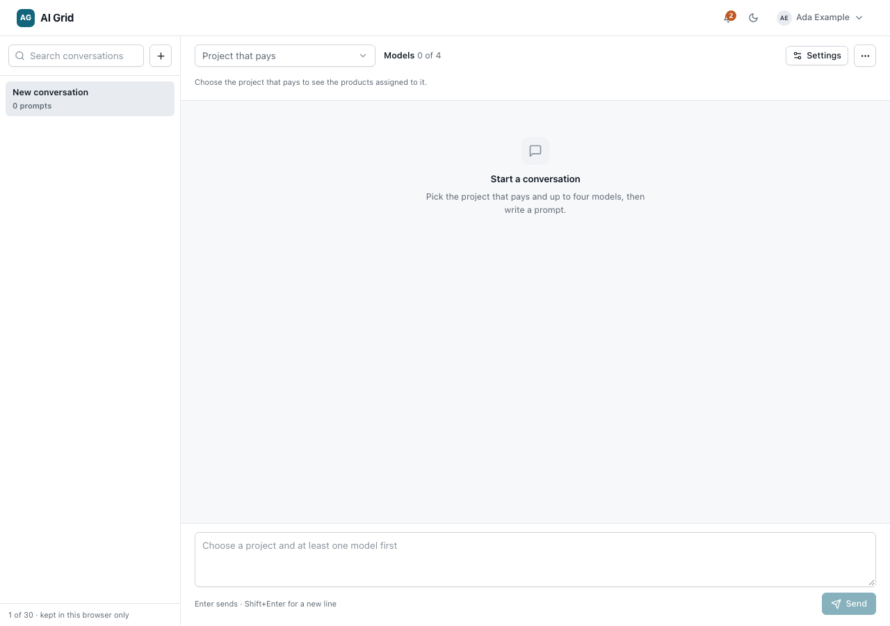 Playground with project selector, Add model picker, conversation list and empty composer