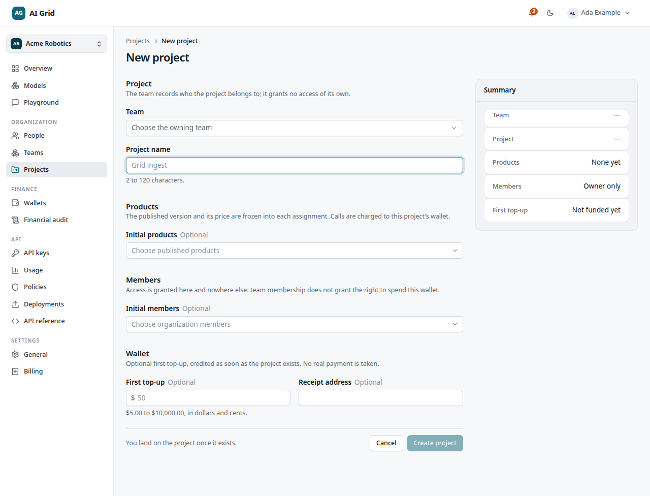 New project form with Team, Project name, Products, Members and Wallet sections