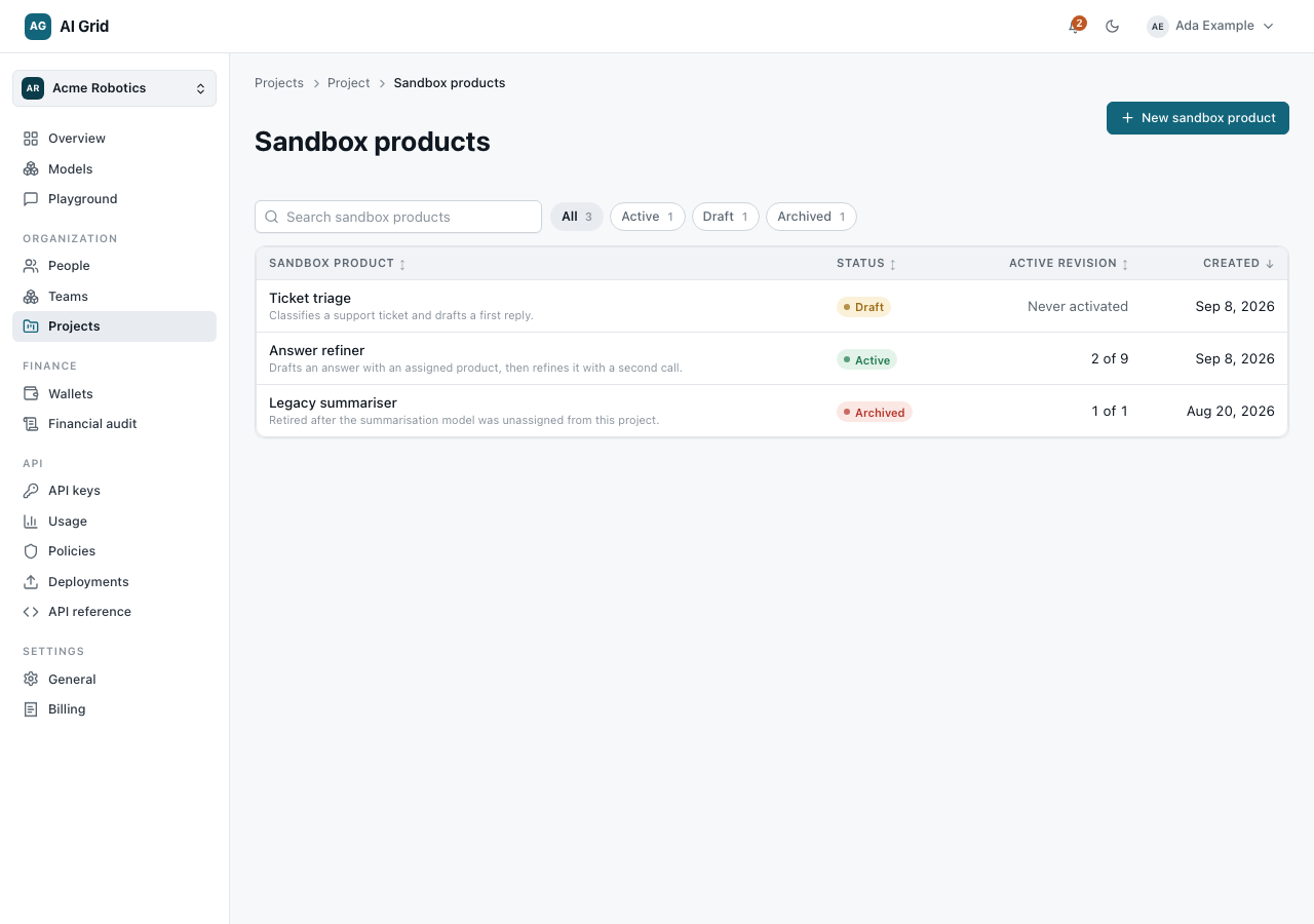 Sandbox products list with status chips and active revision column