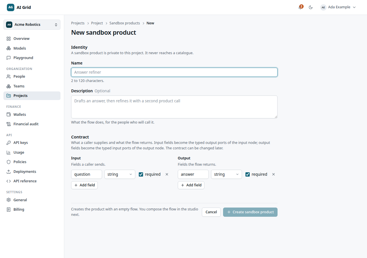 New sandbox product form with Identity and Contract schema editors