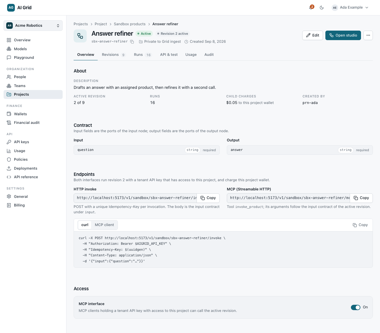 Sandbox product record with About, Contract, Endpoints and Access sections