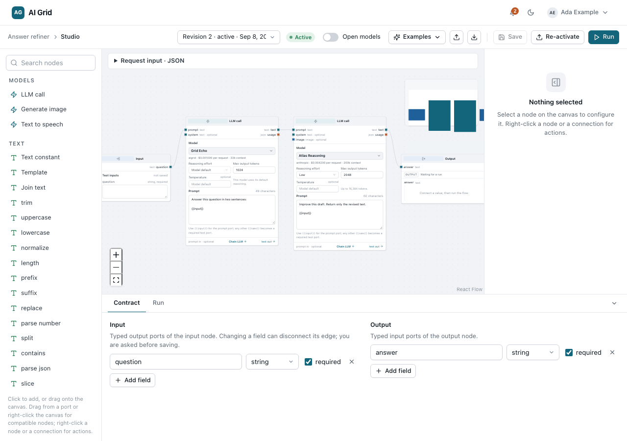 Sandbox studio canvas with node palette, graph and Contract/Run panel