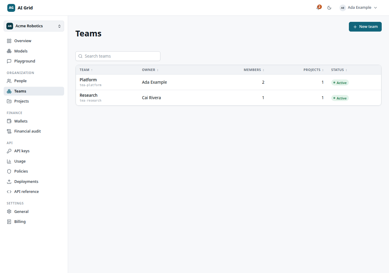 Teams table with Team, Owner, Members, Projects and Status columns